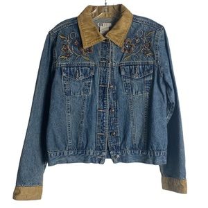FADED GLORY Women's Denim Jean Jacket Embroidered Faux Suede Collar Size Medium
